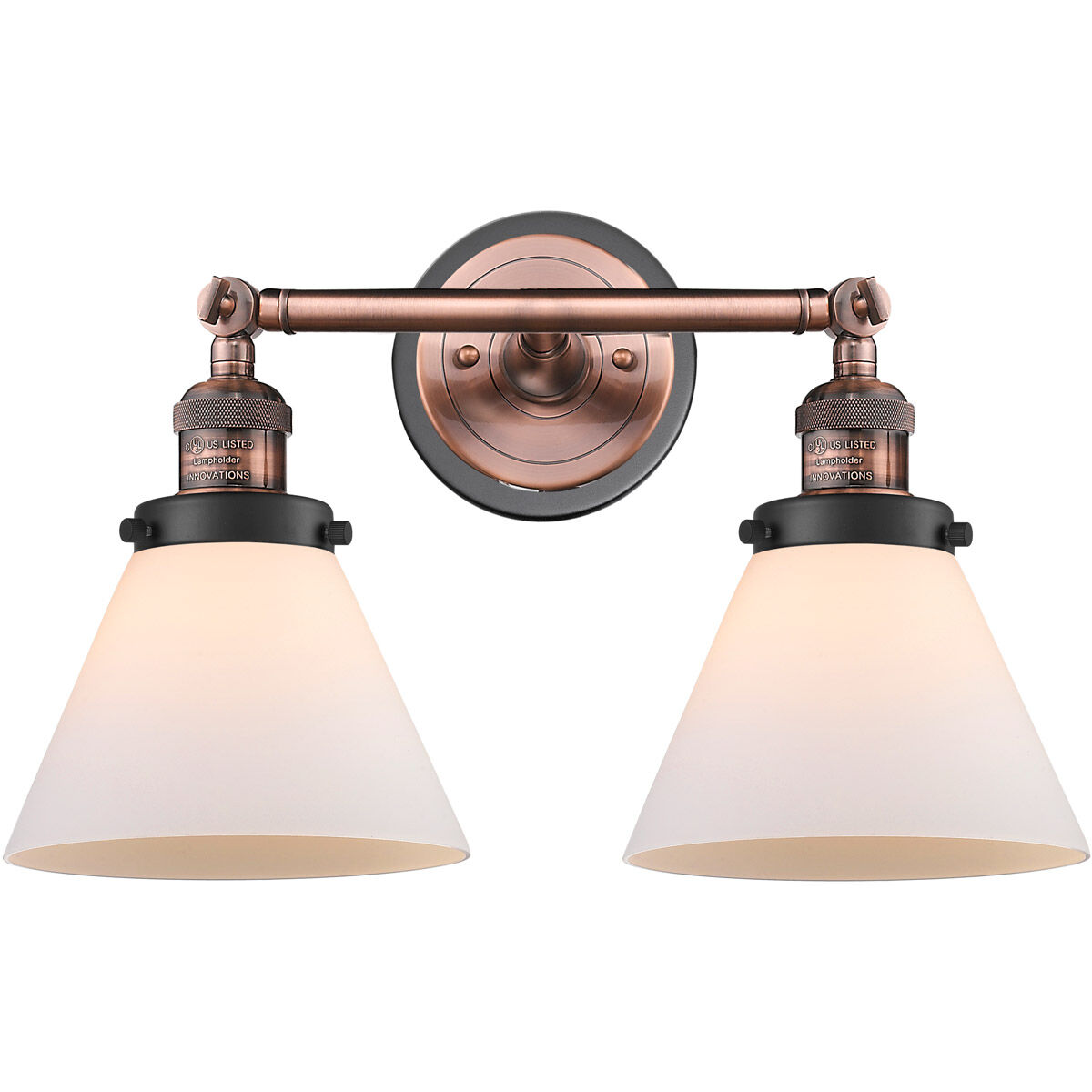 Franklin Restoration Large Cone 2 Light 18 inch Antique Copper Bath Vanity Light Wall Light in Matte White Glass