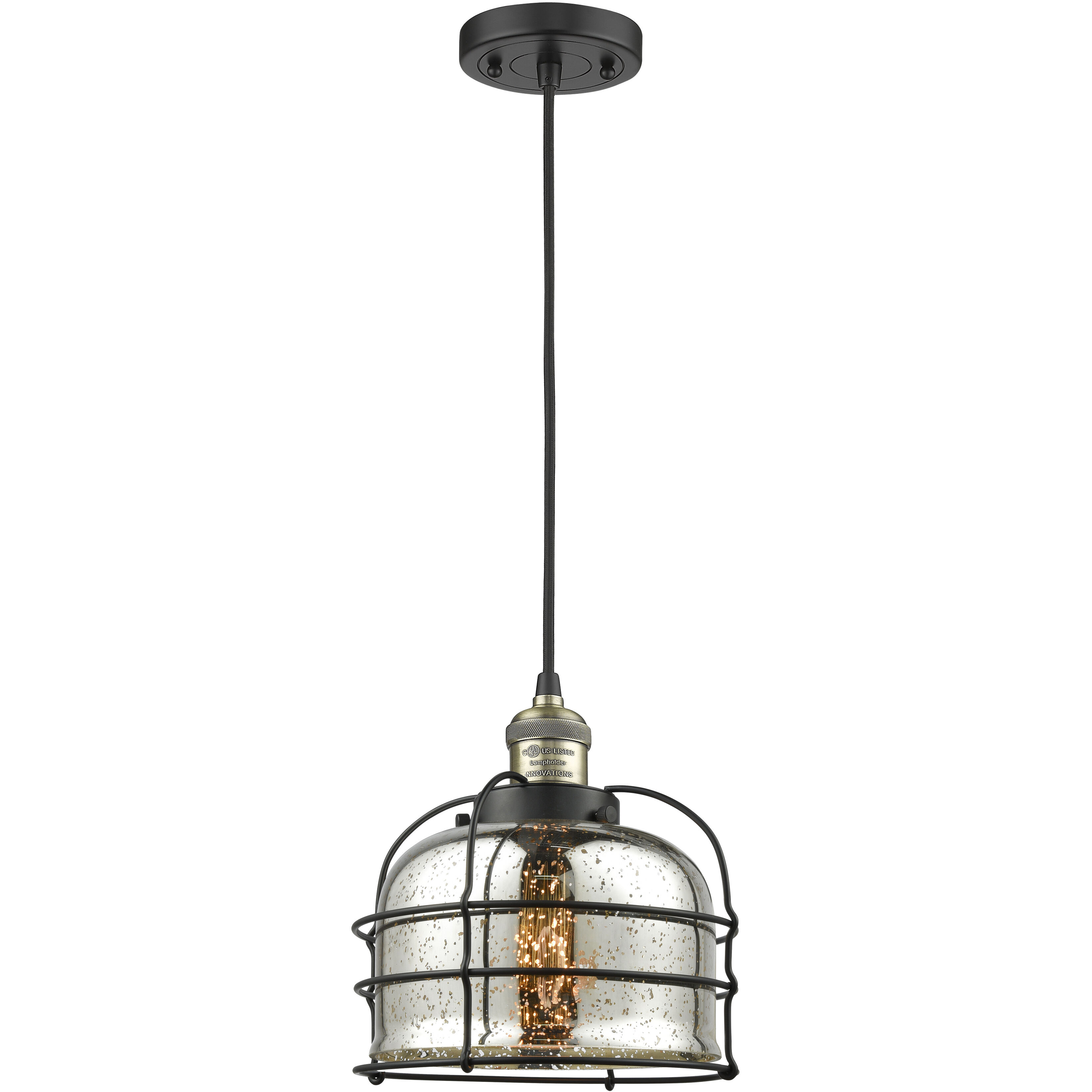 Franklin Restoration Bell Cage LED 9 inch Black Antique Brass Mini Pendant Ceiling Light in Silver Plated Mercury, Franklin Restoration