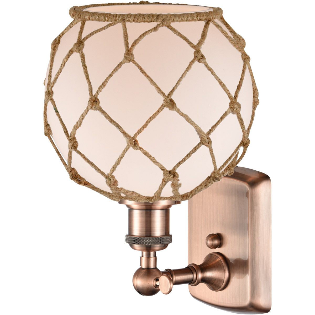 Ballston Farmhouse Rope LED 8 inch Antique Copper Sconce Wall Light in White Glass with Brown Rope, Ballston