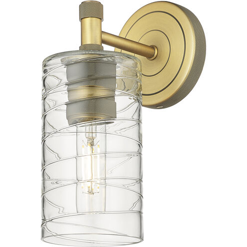 Crown Point Sconce Wall Light in Brushed Brass, Deco Swirl Glass