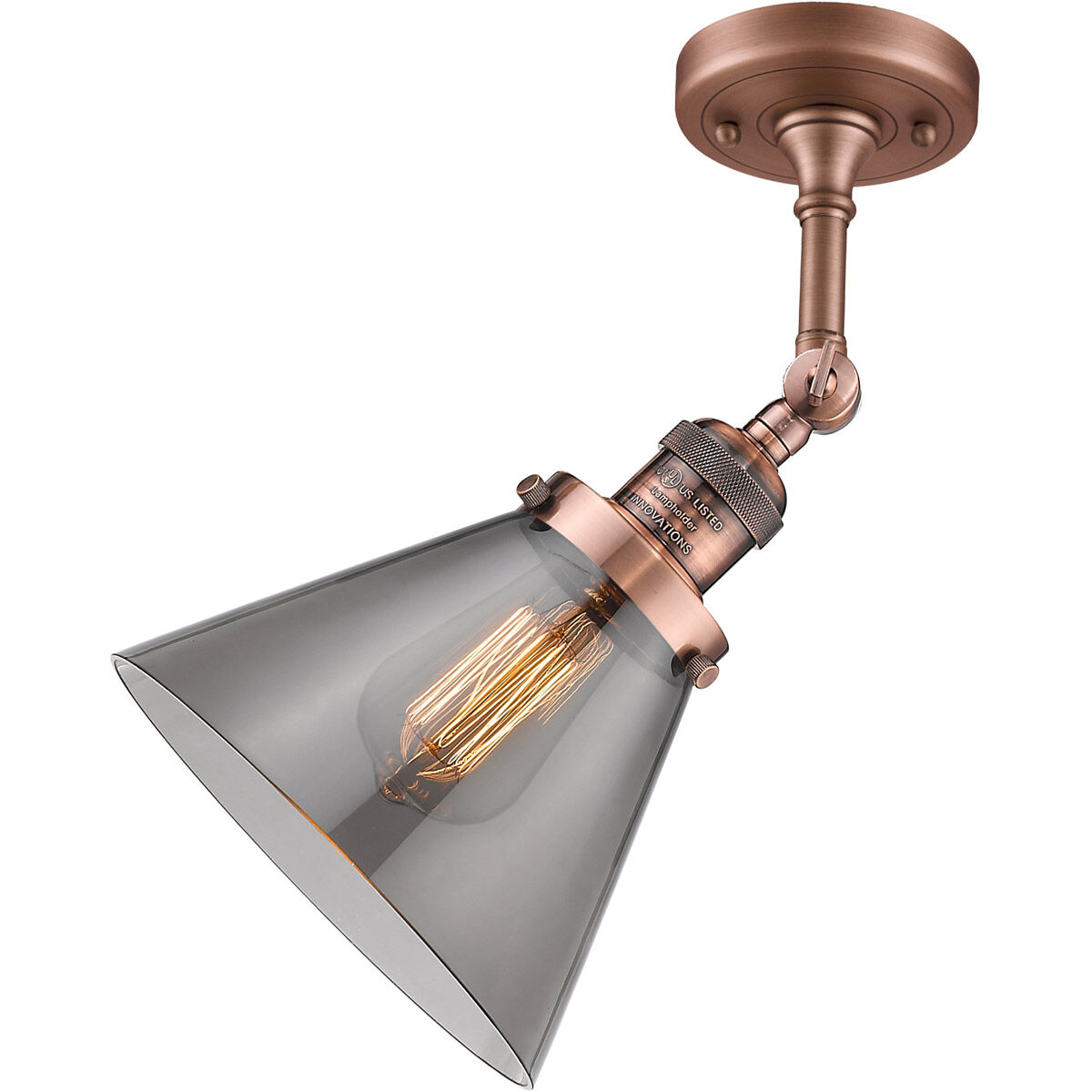 Franklin Restoration Large Cone 1 Light 8 inch Antique Copper Semi-Flush Mount Ceiling Light in Plated Smoke Glass, Franklin Restoration