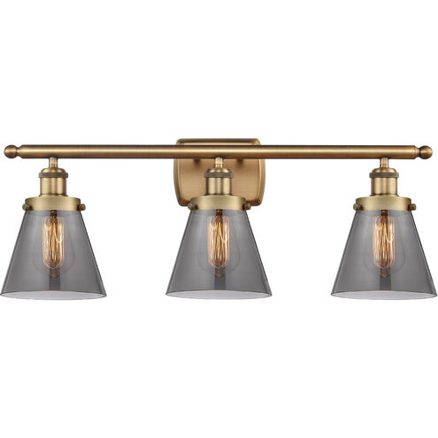 Ballston Small Cone 3 Light 26 inch Brushed Brass Bath Vanity Light Wall Light in Plated Smoke Glass
