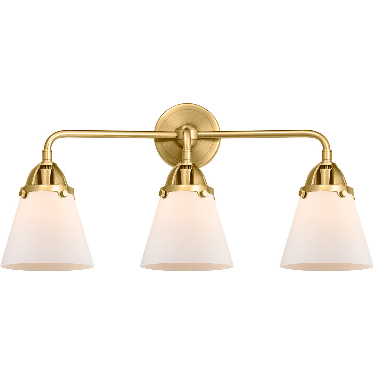 Nouveau 2 Small Cone 3 Light 24 inch Satin Gold Bath Vanity Light Wall Light in Matte White Glass