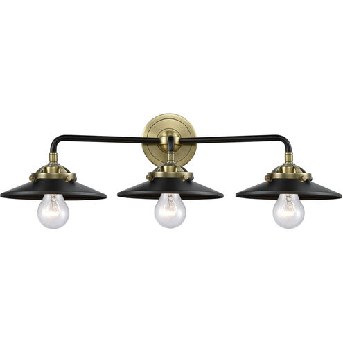 Nouveau Railroad 3 Light 26 inch Black Antique Brass Bath Vanity Light Wall Light in Matte Black, Nouveau