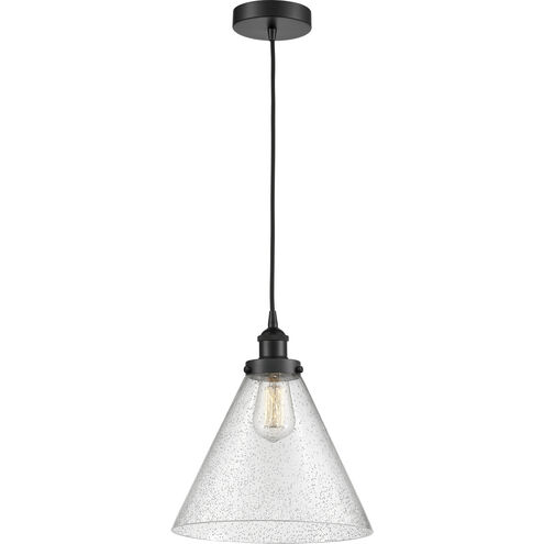Edison Cone LED 12 inch Matte Black Mini Pendant Ceiling Light in Seedy Glass