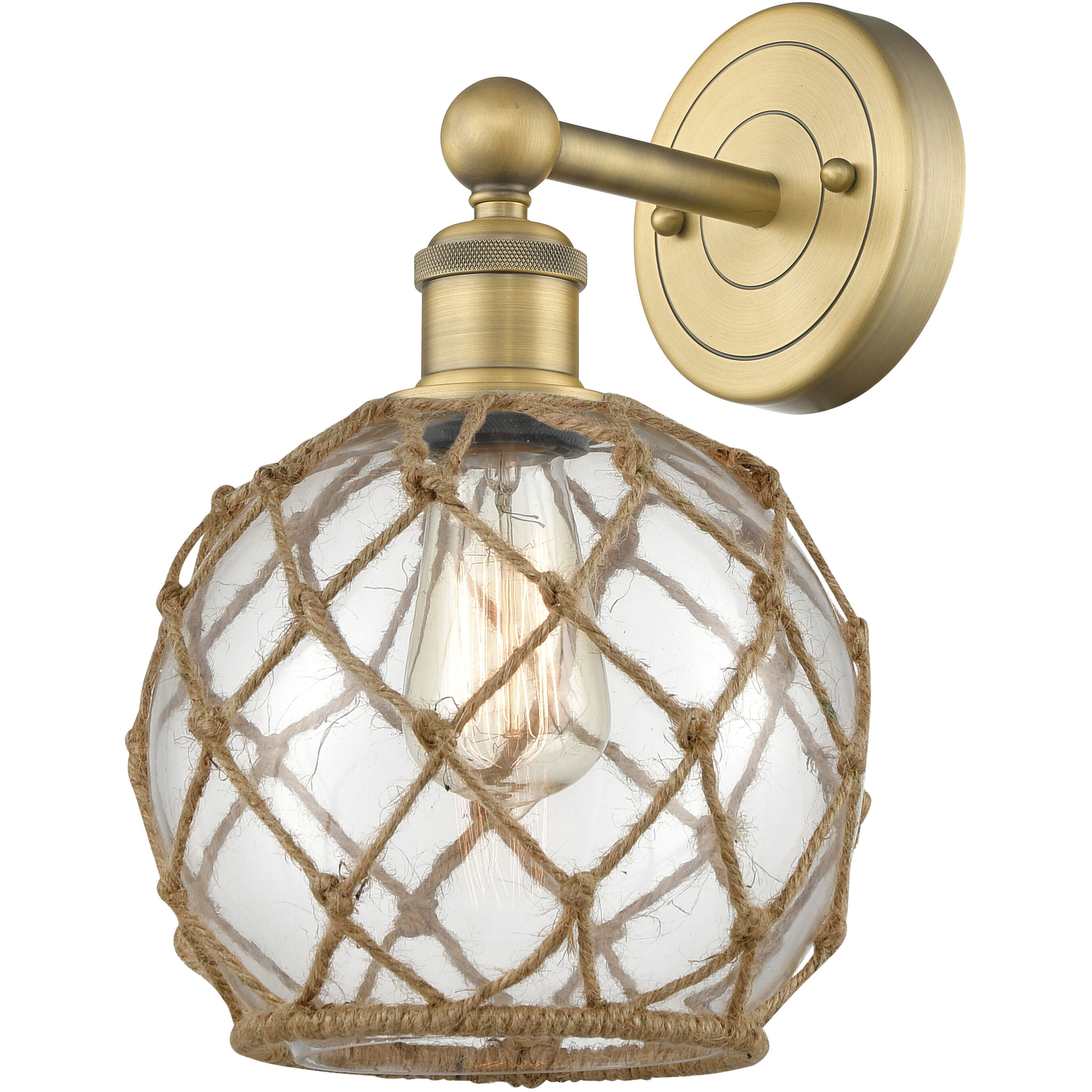 Edison Farmhouse Rope Armed Sconce Wall Light in Brushed Brass, Clear Glass with Brown Rope