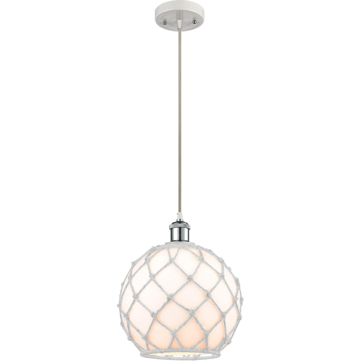 Ballston Large Farmhouse Rope LED 10 inch White and Polished Chrome Mini Pendant Ceiling Light in White Glass with White Rope, Ballston