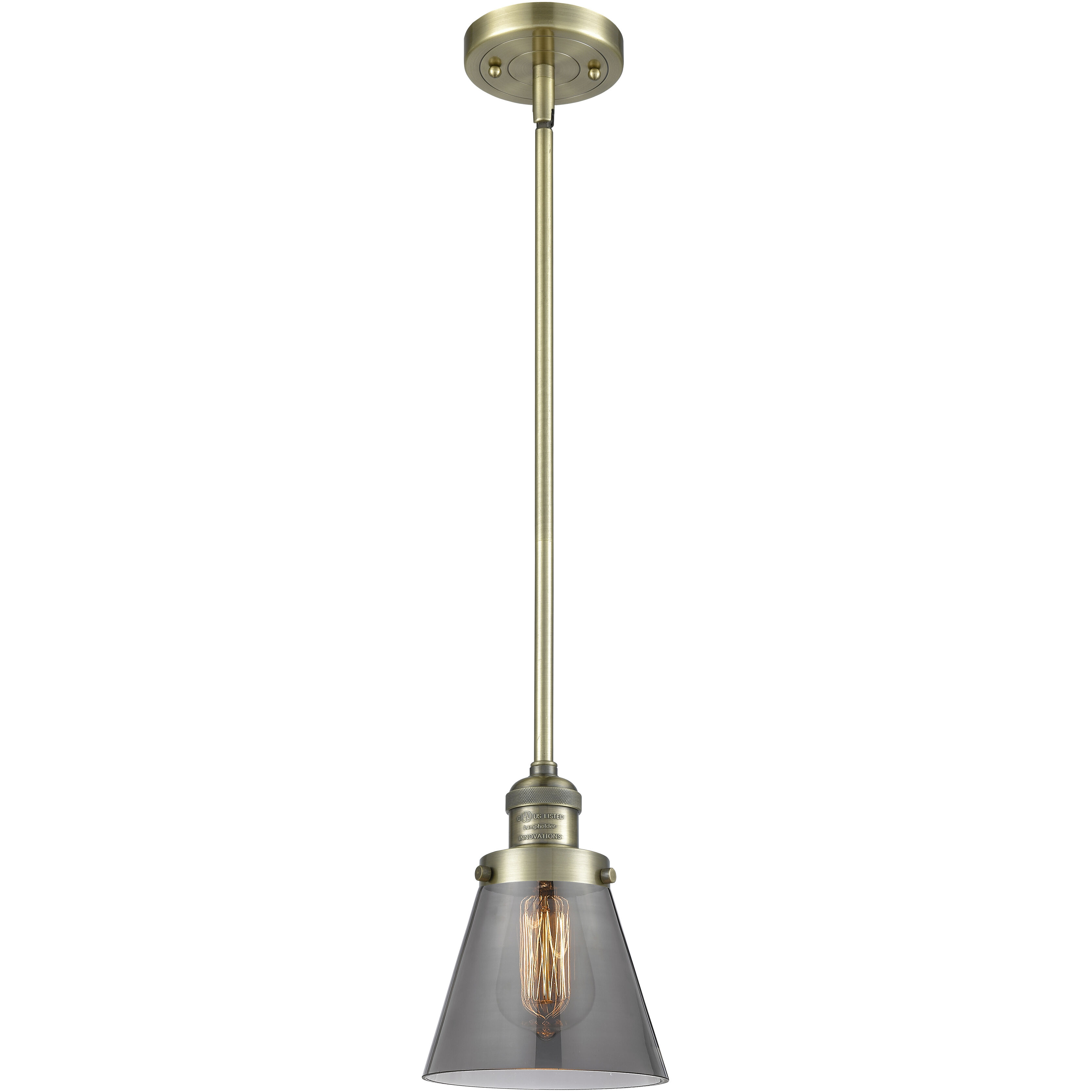 Franklin Restoration Cone LED 6 inch Antique Brass Mini Pendant Ceiling Light in Plated Smoke, Franklin Restoration