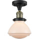 Franklin Restoration Olean LED 7 inch Black Antique Brass Semi-Flush Mount Ceiling Light in Matte White Glass, Franklin Restoration