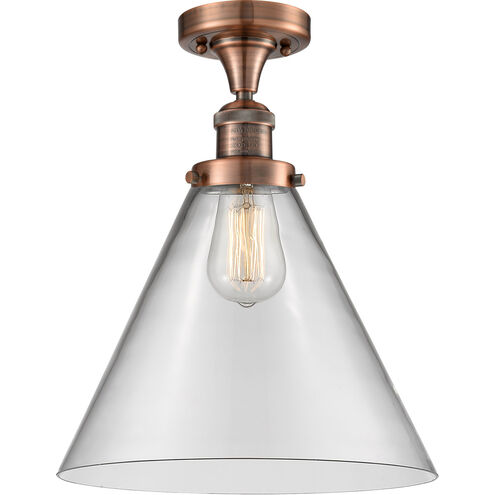 Franklin Restoration X-Large Cone LED 12 inch Antique Copper Semi-Flush Mount Ceiling Light in Clear Glass, Franklin Restoration