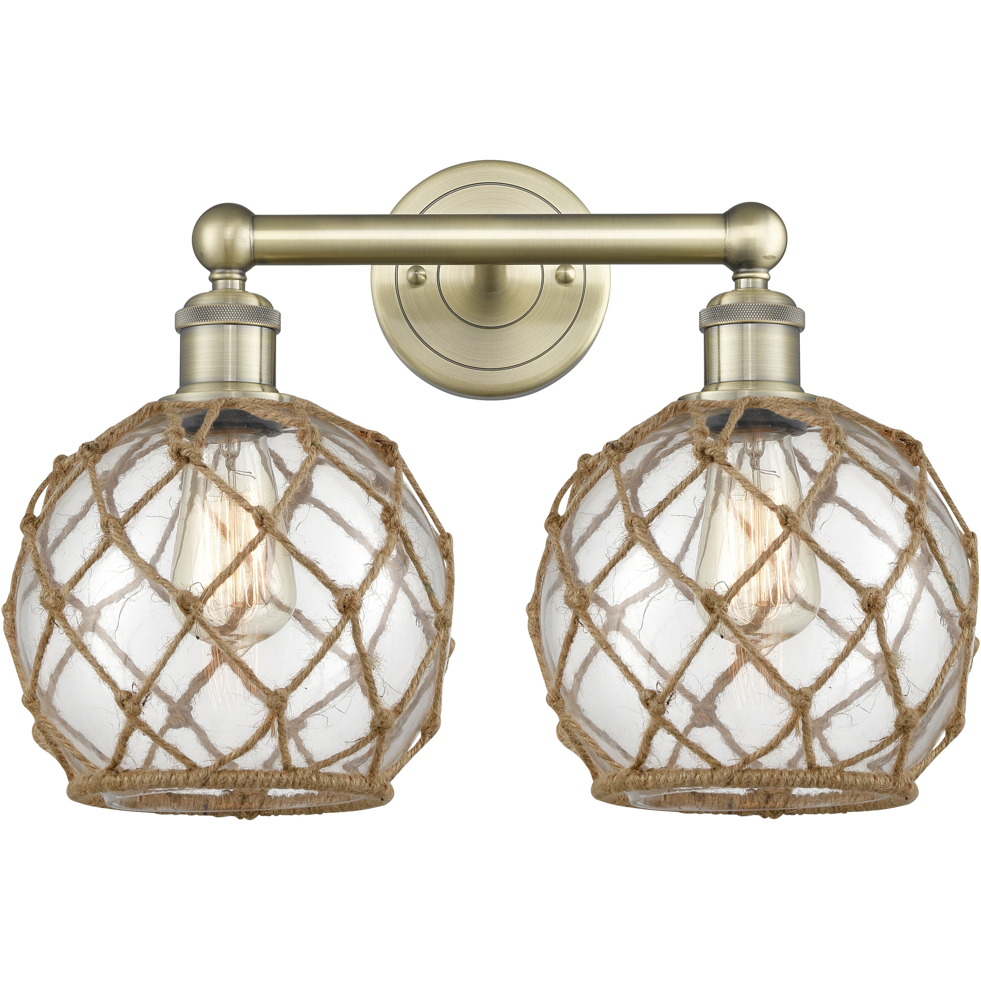 Edison Farmhouse Rope 2 Light 17 inch Antique Brass Bath Vanity Light Wall Light in Clear Glass with Brown Rope