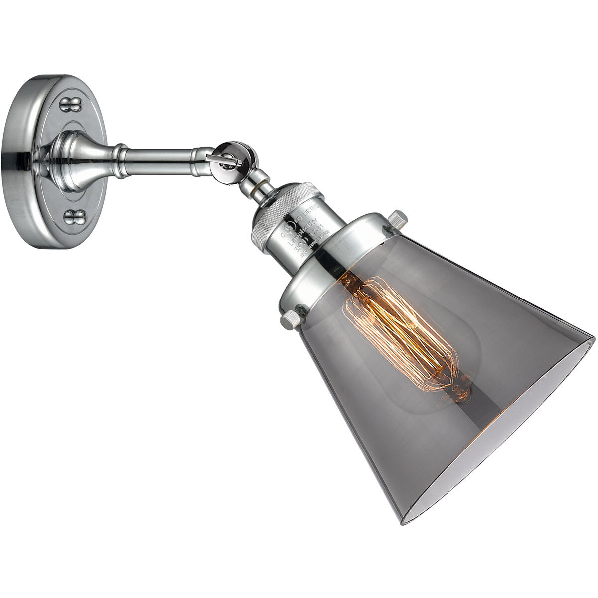 Franklin Restoration Small Cone LED 6 inch Polished Chrome Sconce Wall Light in Plated Smoke Glass, Franklin Restoration