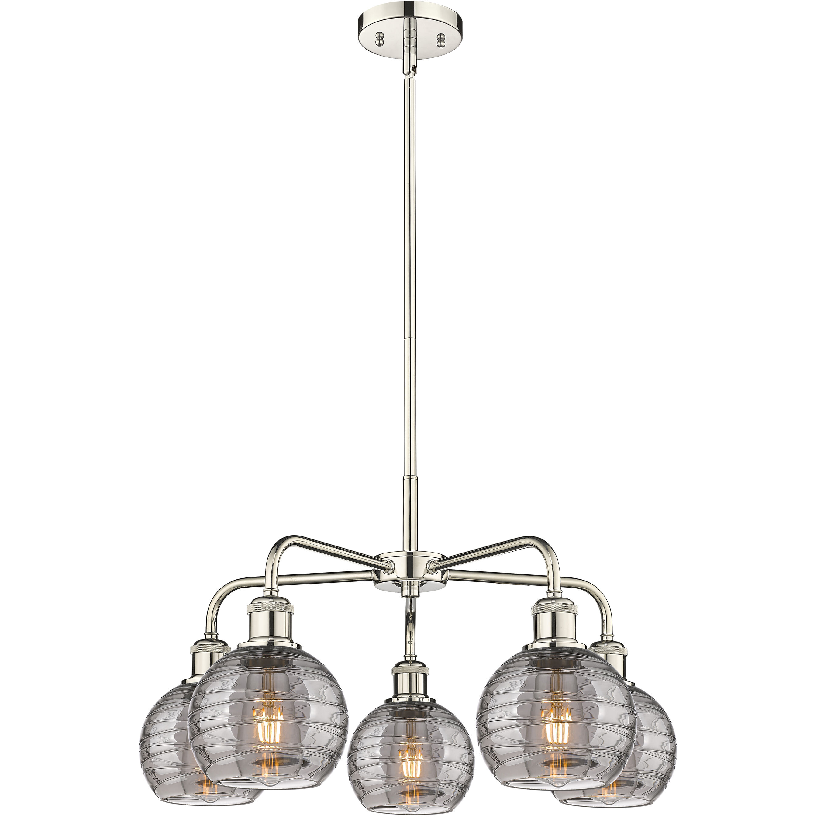 Ballston Athens Deco Swirl 5 Light 23.88 inch Polished Nickel Stem Hung Chandelier Ceiling Light in Light Smoke Deco Swirl Glass