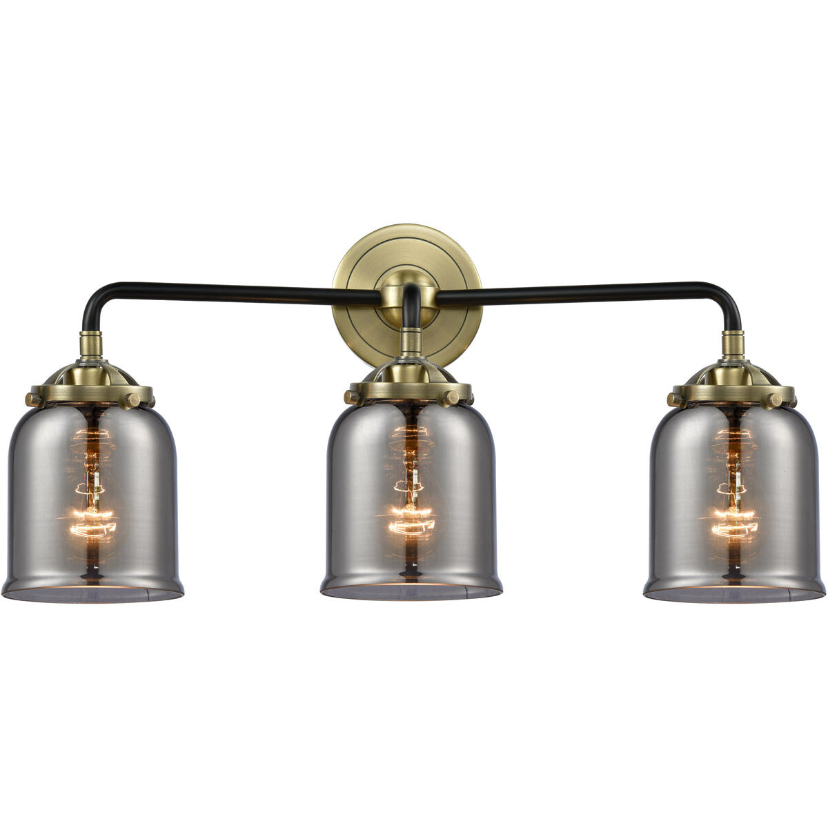 Nouveau Small Bell 3 Light 23 inch Black Antique Brass Bath Vanity Light Wall Light in Plated Smoke Glass, Nouveau