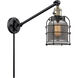 Small Bell Cage 21 inch 3.5 watt Black Antique Brass Swing Arm Wall Light in Plated Smoke Glass, Franklin Restoration