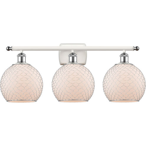 Ballston Farmhouse Chicken Wire 3 Light 26 inch White and Polished Chrome Bath Vanity Light Wall Light in White Glass with Nickel Wire, Ballston
