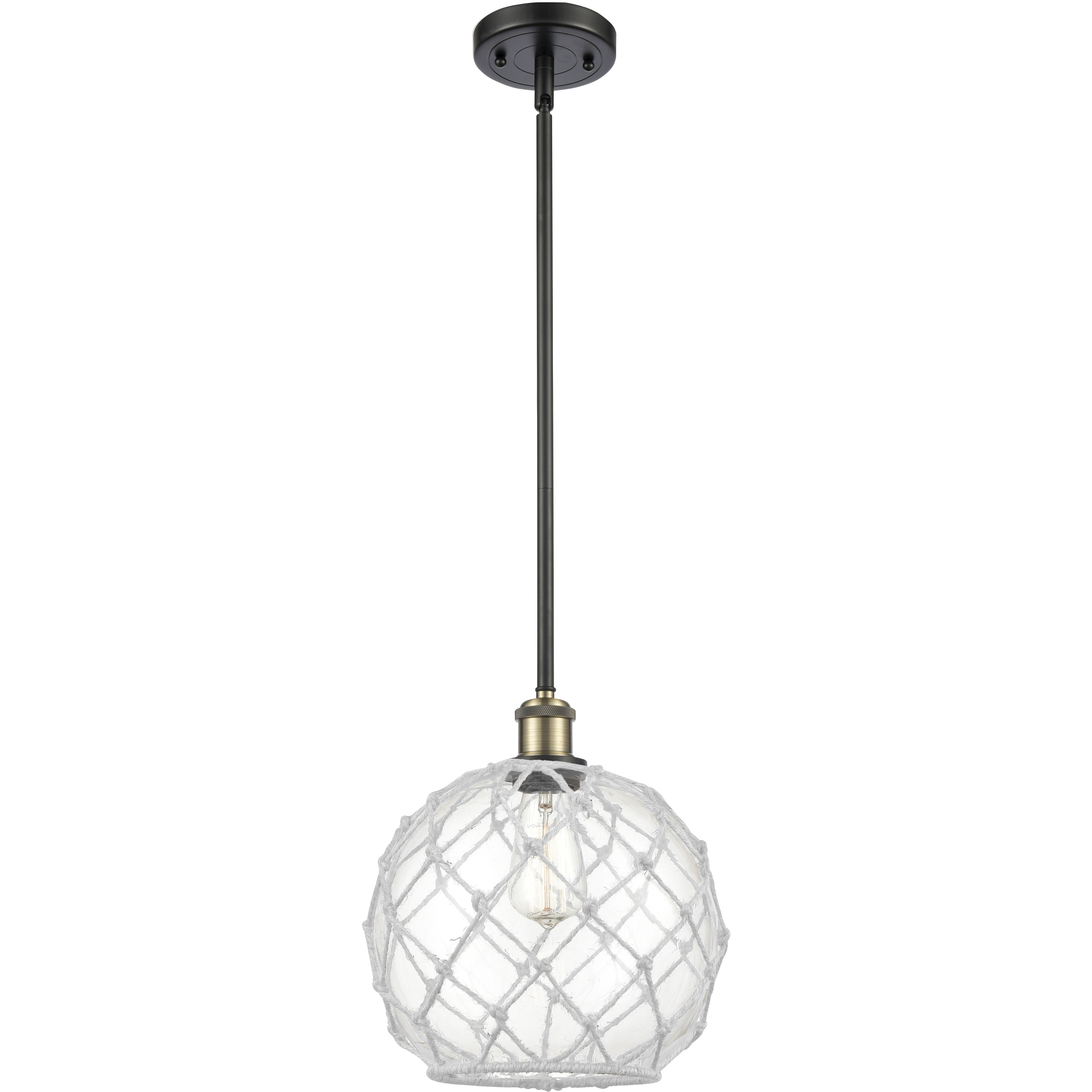 Ballston Large Farmhouse Rope LED 10 inch Black Antique Brass Pendant Ceiling Light in Clear Glass with White Rope, Ballston