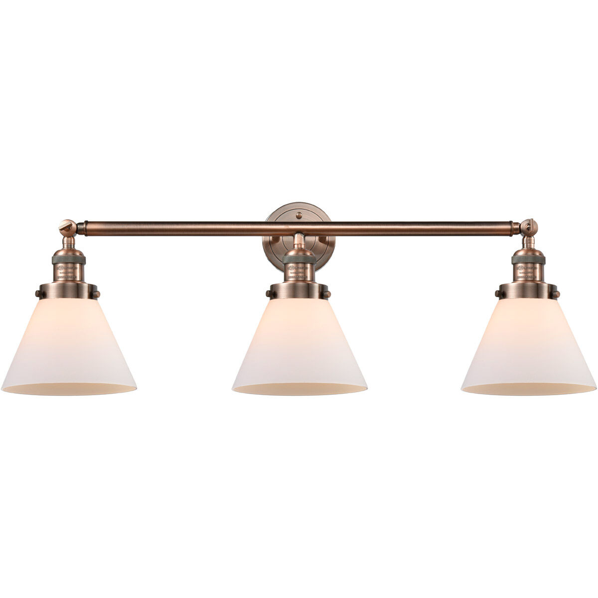 Franklin Restoration Large Cone 3 Light 32 inch Antique Copper Bath Vanity Light Wall Light in Matte White Glass, Franklin Restoration