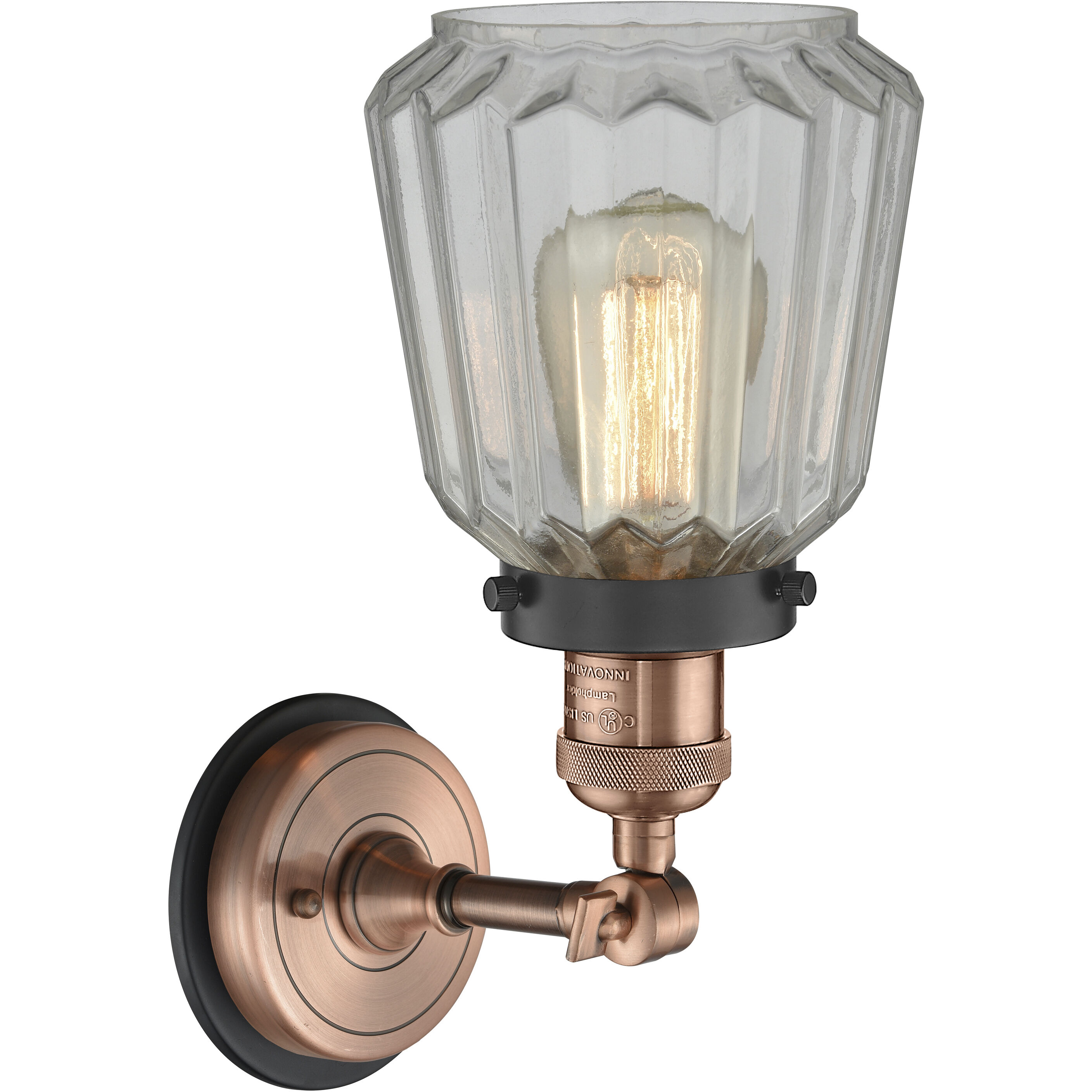 Chatham Sconce Wall Light in Clear Glass, Antique Copper/Matte Black