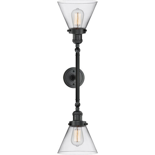 Franklin Restoration Large Cone 2 Light 18 inch Matte Black Bath Vanity Light Wall Light in Clear Glass, Franklin Restoration