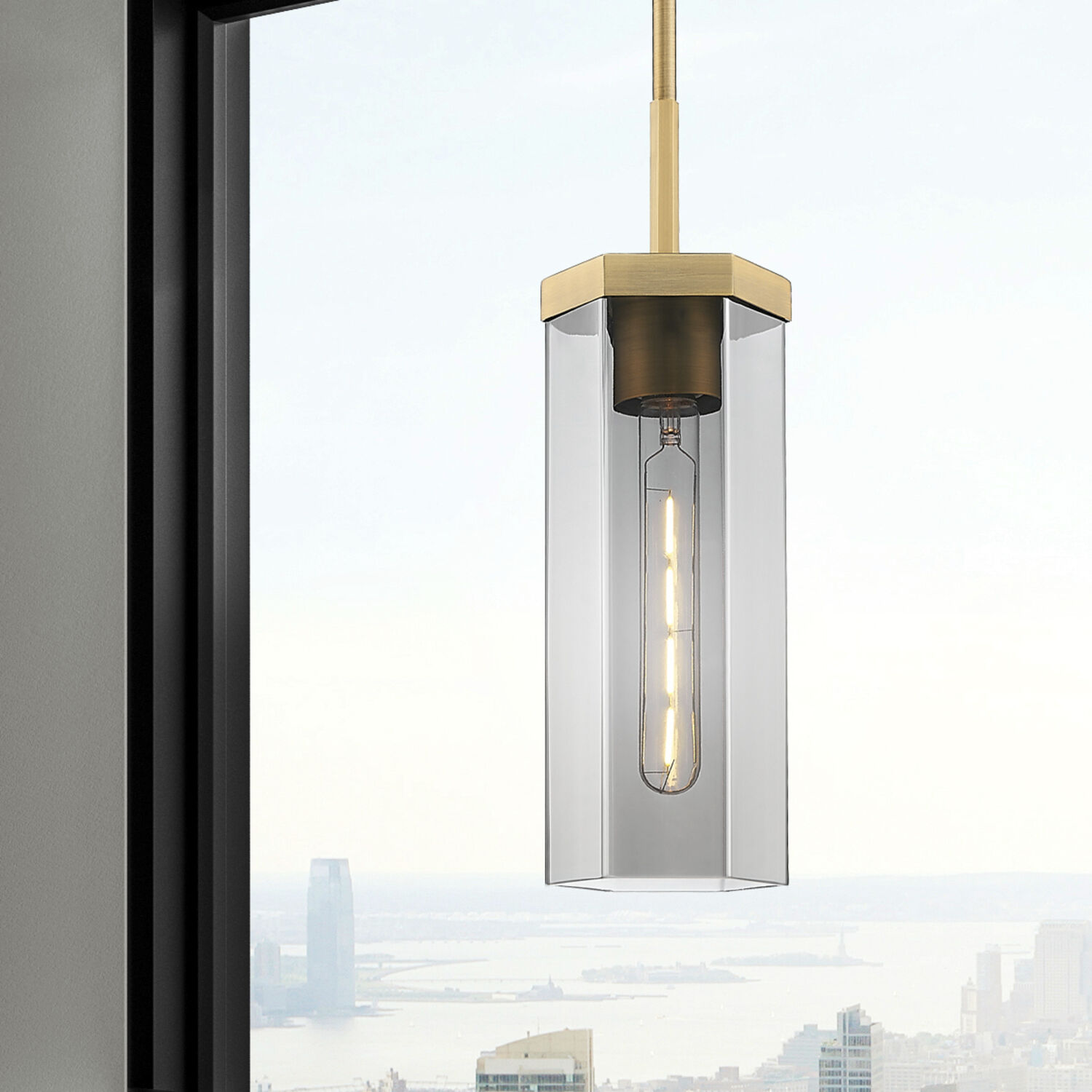 Downtown Urban Blakeley 1 Light 5 inch Brushed Brass Pendant Ceiling Light in Light Smoke Glass