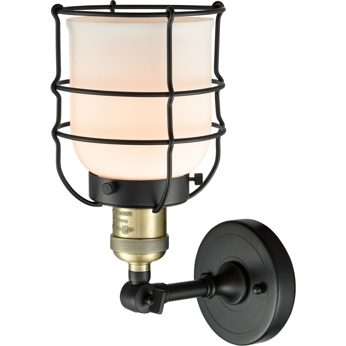 Franklin Restoration Small Bell Cage LED 5 inch Black Antique Brass Semi-Flush Mount Ceiling Light in Matte White Glass, Franklin Restoration
