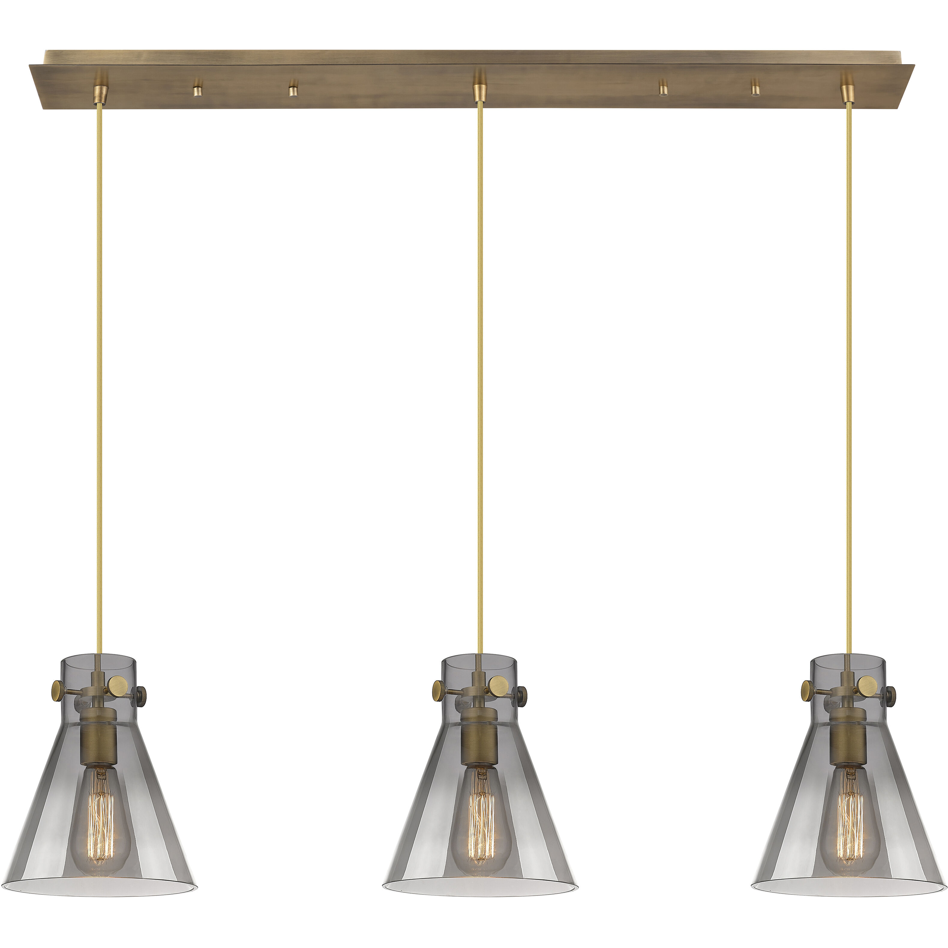 Newton Cone 3 Light 39.75 inch Brushed Brass Linear Pendant Ceiling Light in Light Smoke Glass