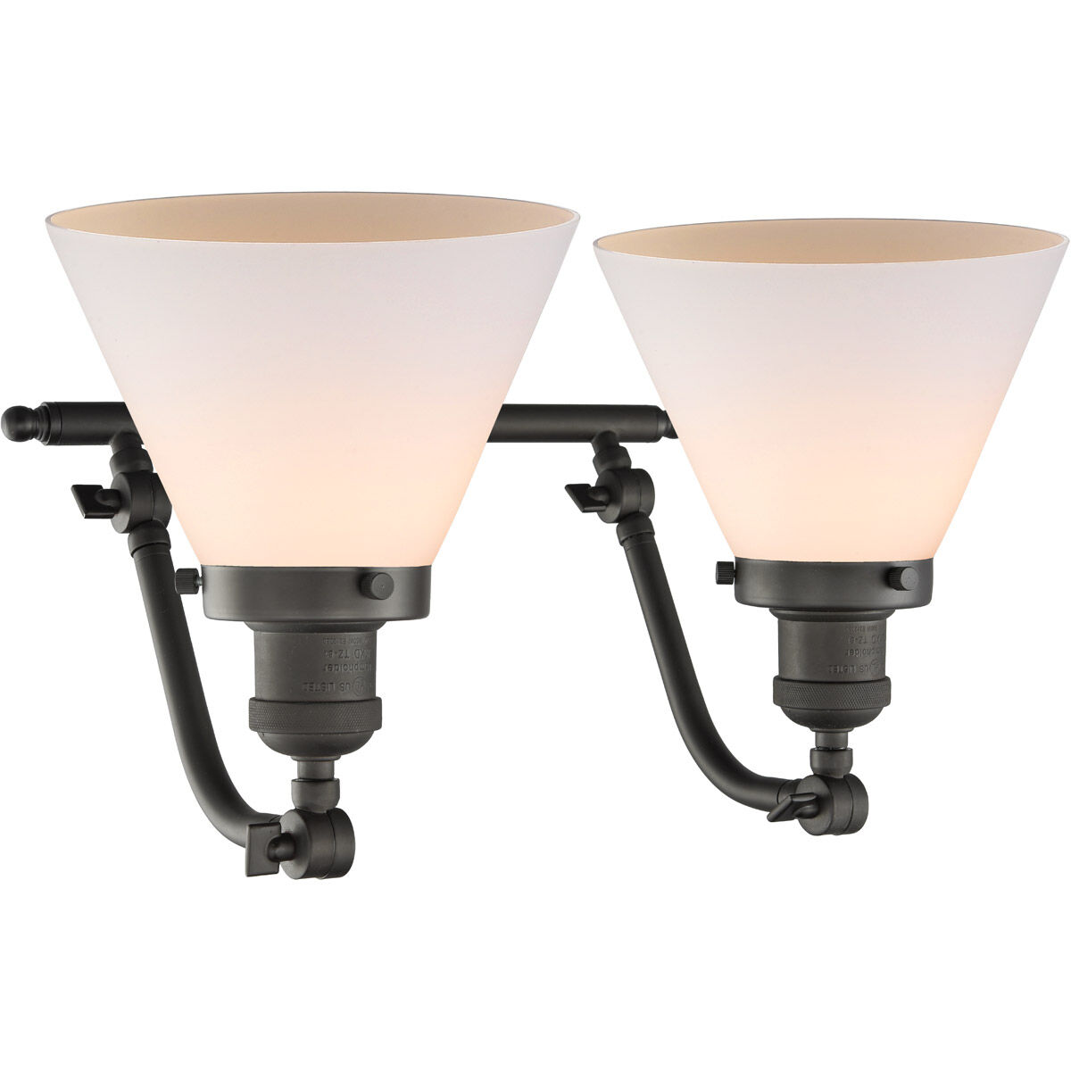 Franklin Restoration Large Cone 2 Light 18 inch Oil Rubbed Bronze Bath Vanity Light Wall Light in Matte White Glass, Franklin Restoration