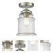 Nouveau Canton LED 6 inch Brushed Satin Nickel Semi-Flush Mount Ceiling Light in Seedy Glass, Nouveau