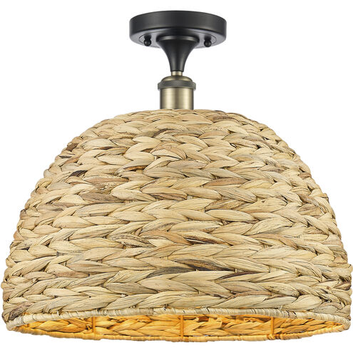 Woven Rattan 1 Light 15.75 inch Black Antique Brass Semi-Flush Mount Ceiling Light