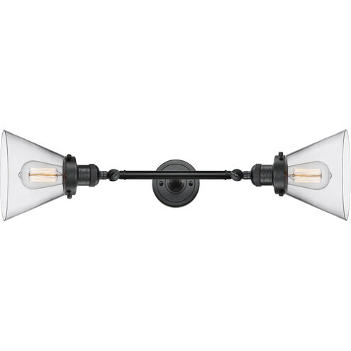 Franklin Restoration Large Cone 2 Light 18 inch Matte Black Bath Vanity Light Wall Light in Clear Glass, Franklin Restoration
