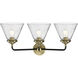 Nouveau Large Cone 3 Light 26 inch Black Antique Brass Bath Vanity Light Wall Light in Seedy Glass, Nouveau