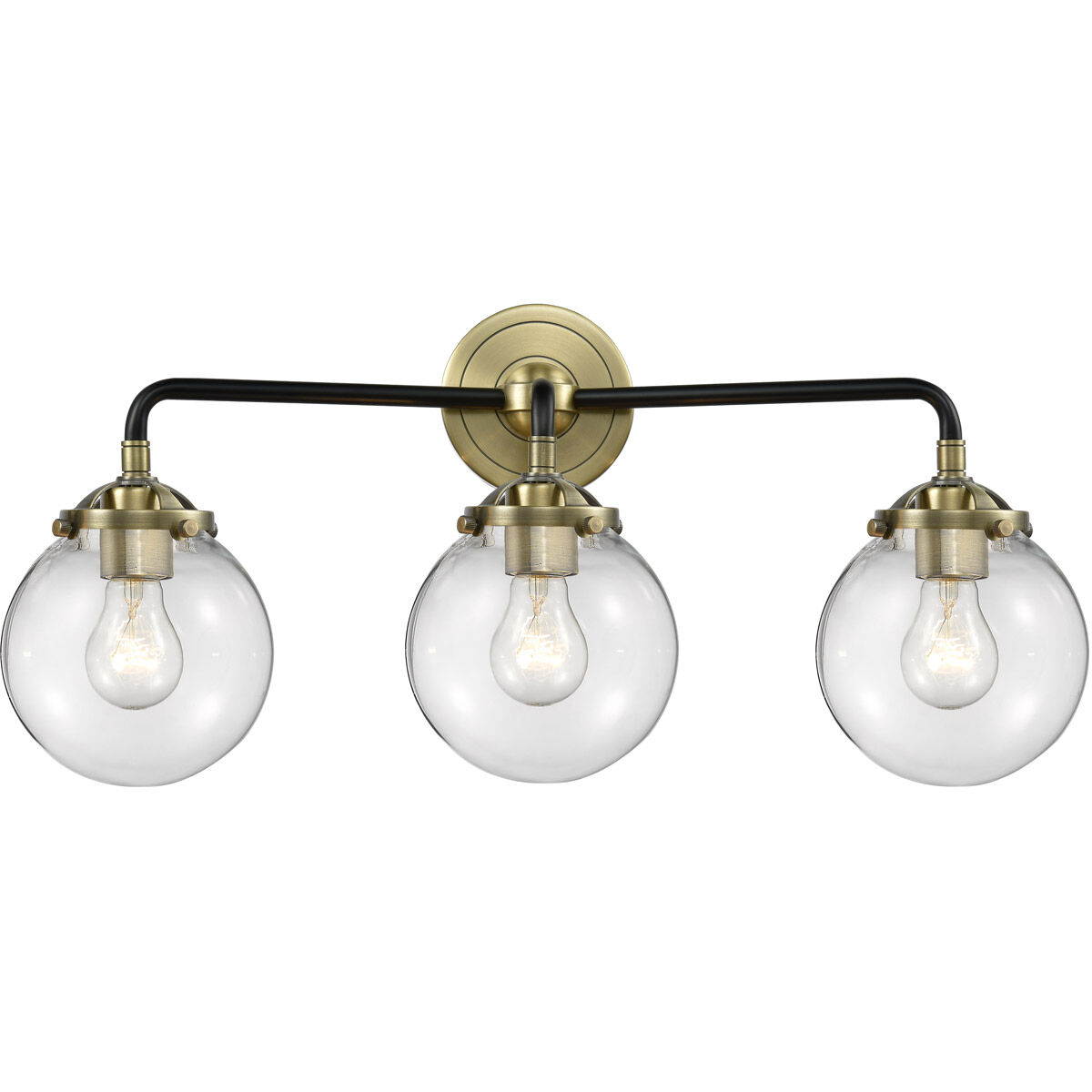 Nouveau Beacon 3 Light 24 inch Black Antique Brass Bath Vanity Light Wall Light in Clear Glass, Nouveau