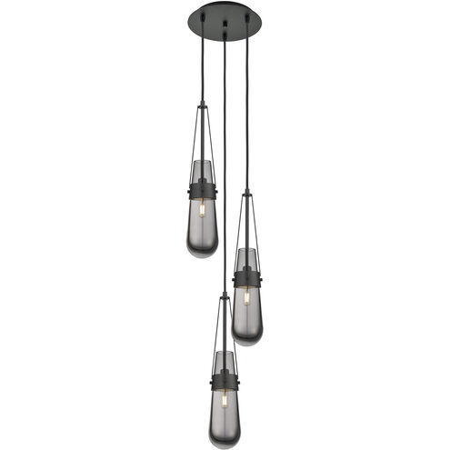 Milan 3 Light 11.88 inch Matte Black Multi Pendant Ceiling Light in Light Smoke Glass