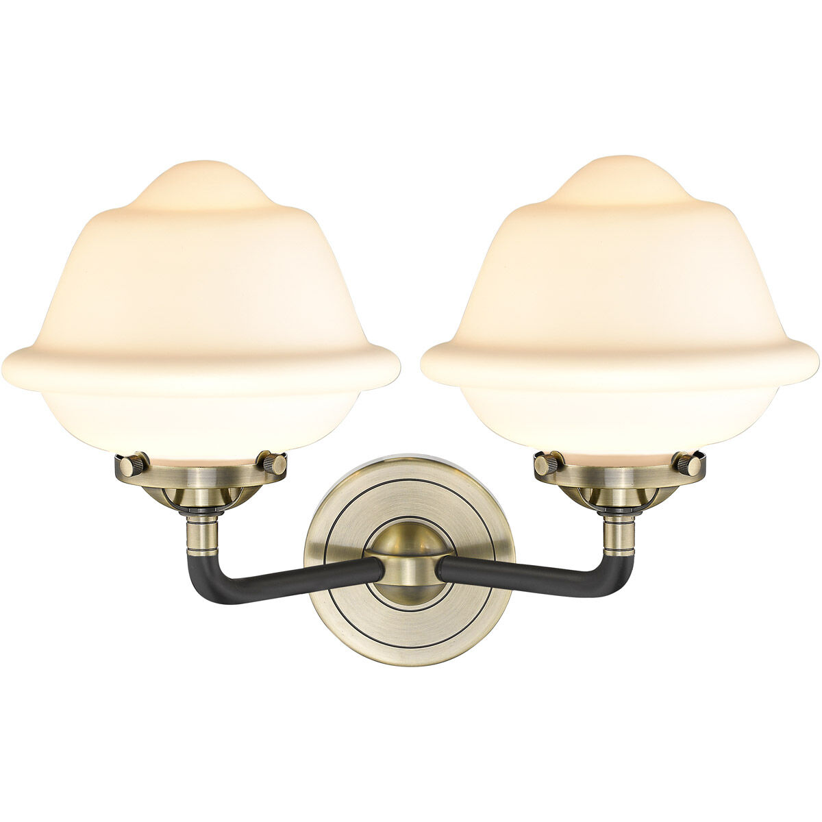 Nouveau Small Oxford 2 Light 16 inch Black Antique Brass Bath Vanity Light Wall Light in Matte White Glass, Nouveau