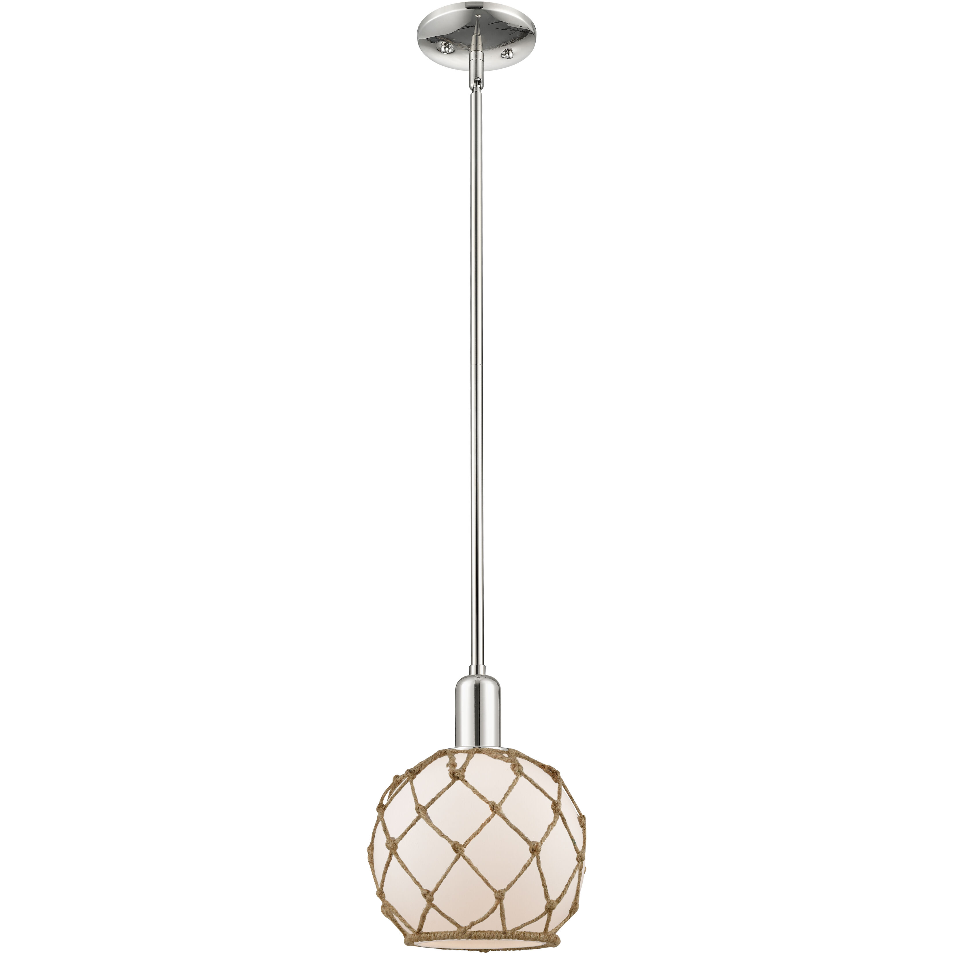 Arcadia Farmhouse Rope 1 Light 8 inch Polished Nickel Mini Pendant Ceiling Light in White Glass with Brown Rope