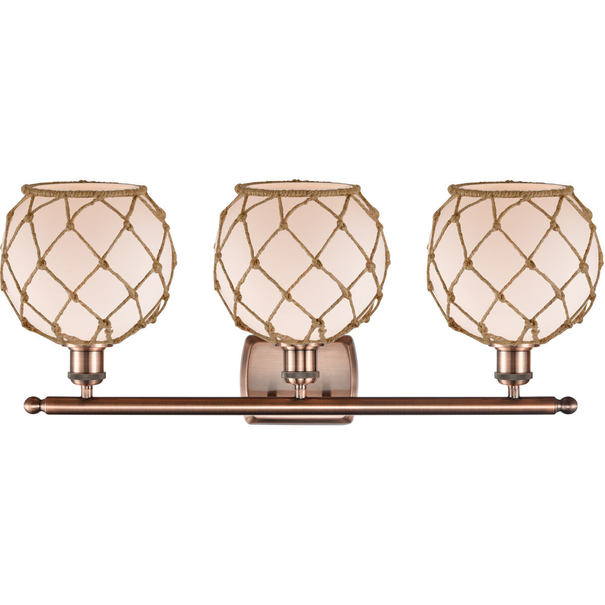 Ballston Farmhouse Rope LED 26 inch Antique Copper Bath Vanity Light Wall Light in White Glass with Brown Rope, Ballston