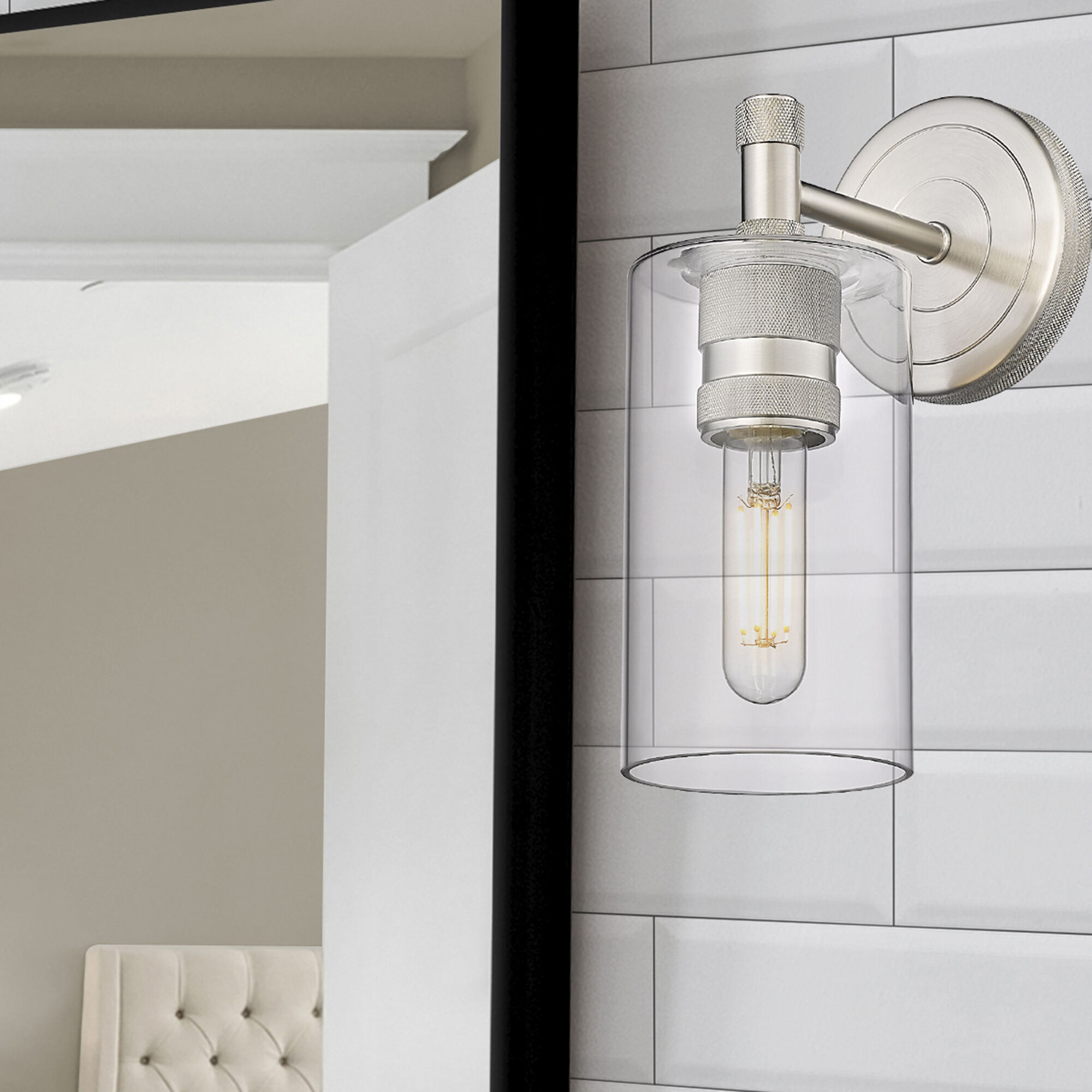 Crown Point Sconce Wall Light in Satin Nickel, Clear Glass