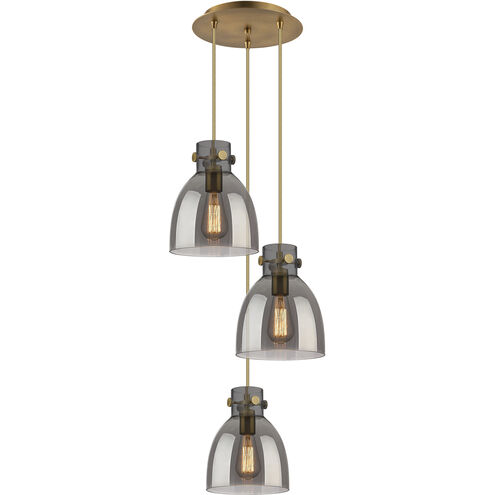 Newton Bell 3 Light 15.5 inch Brushed Brass Multi Pendant Ceiling Light in Light Smoke Glass