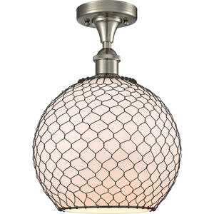 Ballston Large Farmhouse Chicken Wire LED 10 inch Brushed Satin Nickel Semi-Flush Mount Ceiling Light in White Glass with Black Wire, Ballston