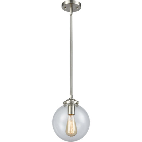 Nouveau Large Beacon LED 8 inch Brushed Satin Nickel Mini Pendant Ceiling Light in Clear Glass, Nouveau