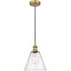 Edison Cone LED 8 inch Brushed Brass Mini Pendant Ceiling Light in Seedy Glass