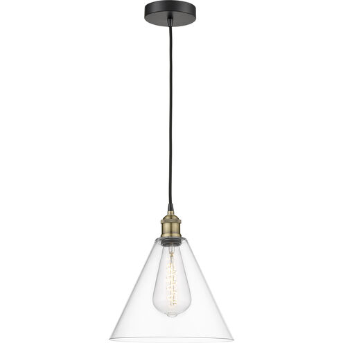 Edison Glass Cone 1 Light 12 inch Black Antique Brass Mini Pendant Ceiling Light