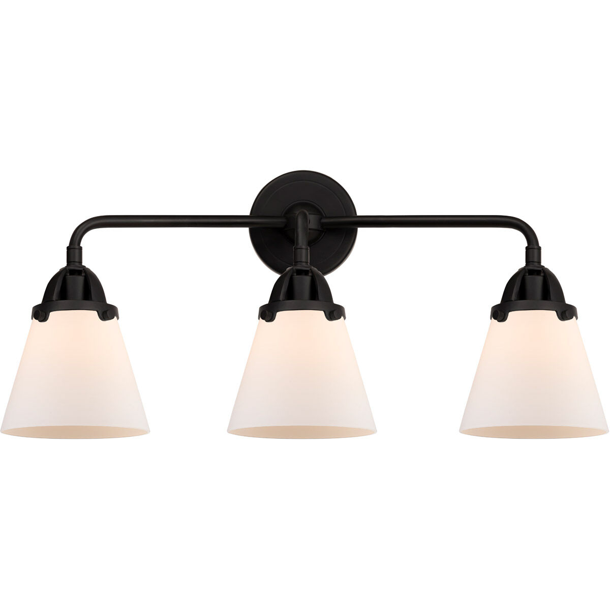Nouveau 2 Small Cone 3 Light 24 inch Matte Black Bath Vanity Light Wall Light in Matte White Glass