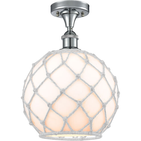 Ballston Large Farmhouse Rope 1 Light 10 inch Polished Chrome Semi-Flush Mount Ceiling Light in White Glass with White Rope, Ballston