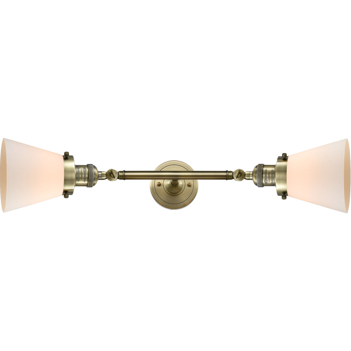 Franklin Restoration Small Cone 2 Light 16 inch Antique Brass Bath Vanity Light Wall Light in Incandescent, Matte White Glass, Franklin Restoration