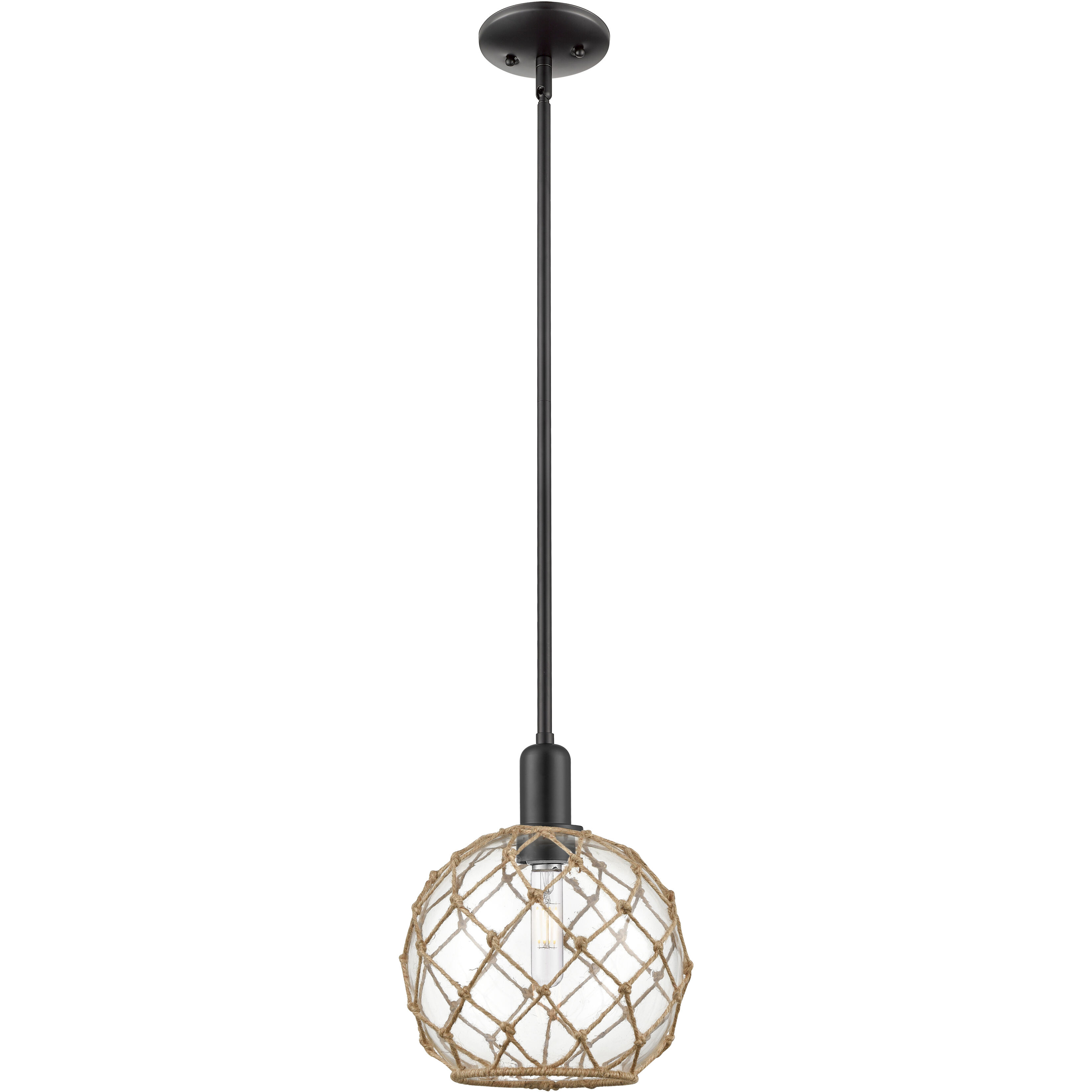 Arcadia Farmhouse Rope 1 Light 10 inch Matte Black Mini Pendant Ceiling Light in Clear Glass with Brown Rope