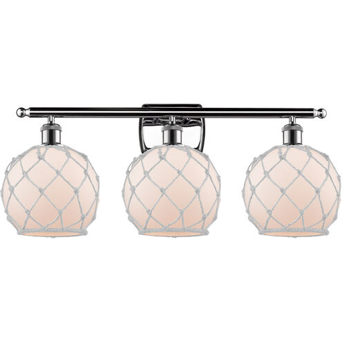 Ballston Farmhouse Rope 3 Light 26 inch Polished Chrome Bath Vanity Light Wall Light in White Glass with White Rope, Ballston