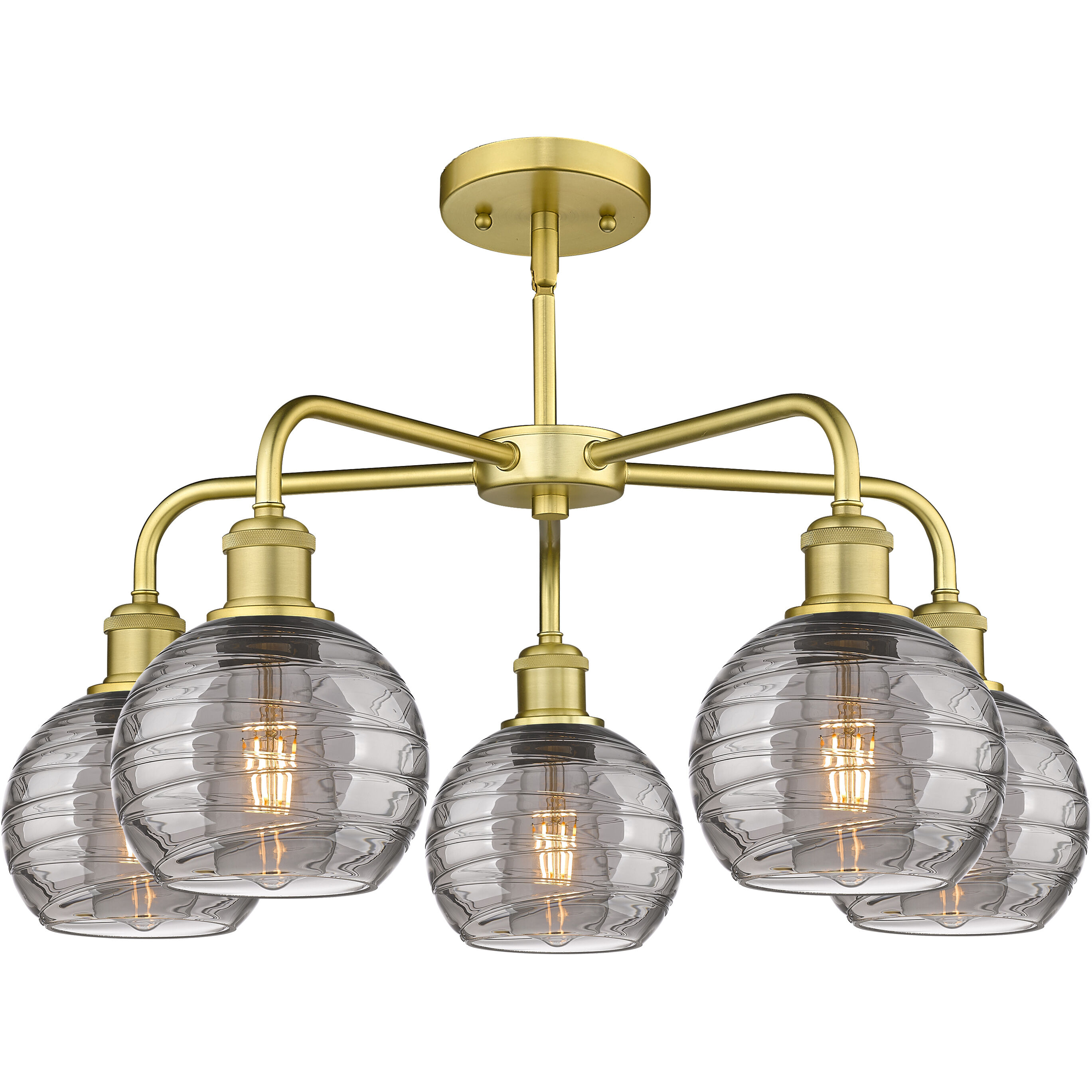 Ballston Athens Deco Swirl 5 Light 23.88 inch Satin Gold Stem Hung Chandelier Ceiling Light in Light Smoke Deco Swirl Glass