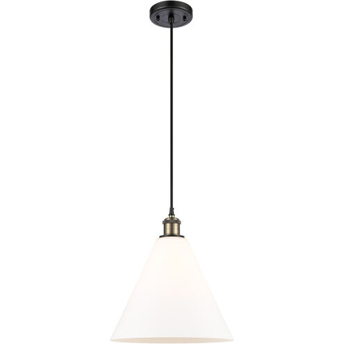 Ballston Cone LED 12 inch Black Antique Brass and Matte Black Mini Pendant Ceiling Light in Matte White Glass, Black Textured